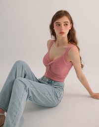 Twist Front Knit Crop Tank Top with Heart Pattern Hem Detail