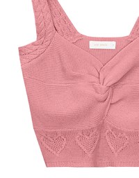 Twist Front Knit Crop Tank Top with Heart Pattern Hem Detail