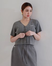 Cable Knit Cropped Cardigan Top with AIR SPACE Logo Embroidered