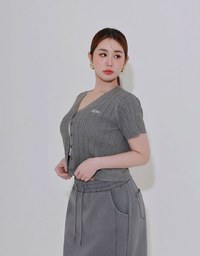 Cable Knit Cropped Cardigan Top with AIR SPACE Logo Embroidered