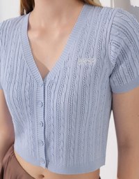 Cable Knit Cropped Cardigan Top with AIR SPACE Logo Embroidered