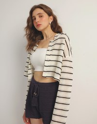 ボーダーニット フード付きショートカーディガン