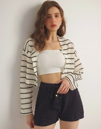 ボーダーニット フード付きショートカーディガン