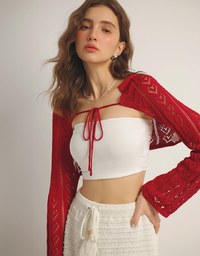 ハート透かし編み リボン付き長袖カーディガン