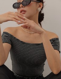 Striped Off Shoulder Lettuce Hem Padded Crop Top