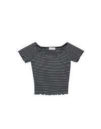 Striped Off Shoulder Lettuce Hem Padded Crop Top