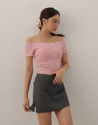 Striped Off Shoulder Lettuce Hem Padded Crop Top