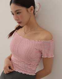 Striped Off Shoulder Lettuce Hem Padded Crop Top