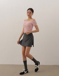 Striped Off Shoulder Lettuce Hem Padded Crop Top