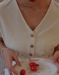 Crinkled Knit Button Front V Neck Top with Cinched Waist Detail