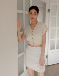 Crinkled Knit Button Front V Neck Top with Cinched Waist Detail