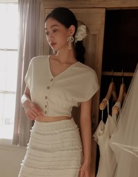 Crinkled Knit Button Front V Neck Top with Cinched Waist Detail