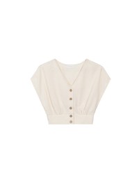 Crinkled Knit Button Front V Neck Top with Cinched Waist Detail