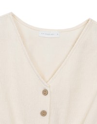 Crinkled Knit Button Front V Neck Top with Cinched Waist Detail