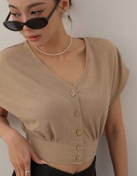 Crinkled Knit Button Front V Neck Top with Cinched Waist Detail