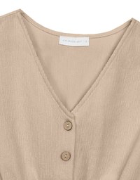 Crinkled Knit Button Front V Neck Top with Cinched Waist Detail