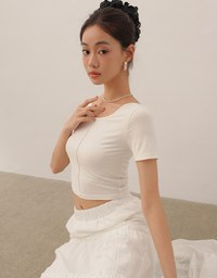 Basic Essential 2 Way Stretch Crop Tee with Side Ruching Detail