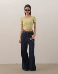 Basic Essential 2 Way Stretch Crop Tee with Side Ruching Detail