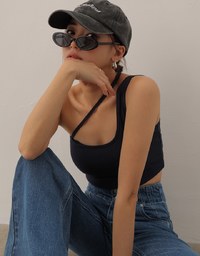 Asymmetrical Neckline One Shoulder Ribbed Knit Padded Crop Top