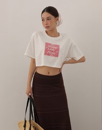 Cropped Cotton Short Sleeve Top with Gingham Embroidery Patch Design