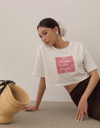 Cropped Cotton Short Sleeve Top with Gingham Embroidery Patch Design