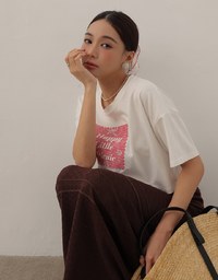 Cropped Cotton Short Sleeve Top with Gingham Embroidery Patch Design