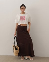 Cropped Cotton Short Sleeve Top with Gingham Embroidery Patch Design