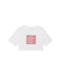 Cropped Cotton Short Sleeve Top with Gingham Embroidery Patch Design