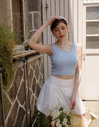 Embroidered Heart Pattern Ribbed Fitted Tank Top
