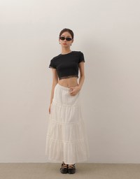 Layered Sheer Lettuce Edge Crew Neck Fitted Tee