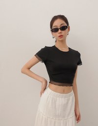 Layered Sheer Lettuce Edge Crew Neck Fitted Tee