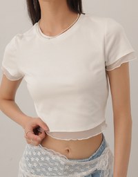 Layered Sheer Lettuce Edge Crew Neck Fitted Tee