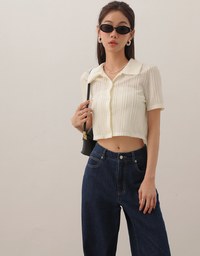 Striped Knit Collared Crop Shirt