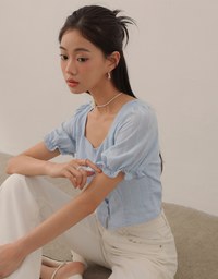 Textured Stripe Puff Sleeve Cropped Top with Decorative Buttons