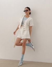 Tailored V Neck Button Front Short Sleeve Cropped Blazer Top