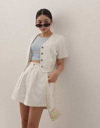 Tailored V Neck Button Front Short Sleeve Cropped Blazer Top