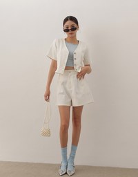 Tailored V Neck Button Front Short Sleeve Cropped Blazer Top