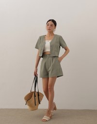 Tailored V Neck Button Front Short Sleeve Cropped Blazer Top