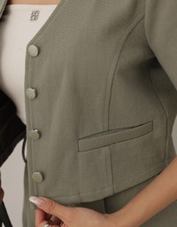 Tailored V Neck Button Front Short Sleeve Cropped Blazer Top