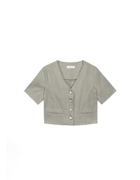 Tailored V Neck Button Front Short Sleeve Cropped Blazer Top