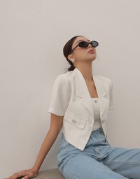 Textured Tweed Double Pocket Cropped Blazer