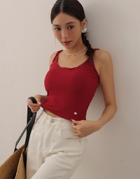Lace Trimmed Ribbed Spaghetti Strap Padded Tank Top