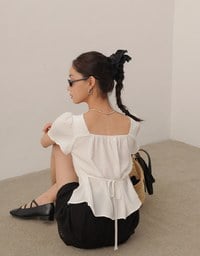Crinkle Texture Square Neck Top with Adjustable Back Tie Detail