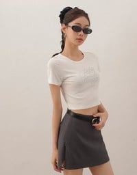 Rhinestone Lettering Embellished Slim Fit Cropped Tee