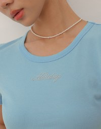 Rhinestone Lettering Embellished Slim Fit Cropped Tee