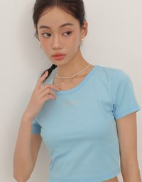 Rhinestone Lettering Embellished Slim Fit Cropped Tee
