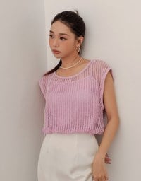 Faux 2 Piece Sleeveless Layered Mesh Top with Soft Knit Texture