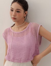 Faux 2 Piece Sleeveless Layered Mesh Top with Soft Knit Texture