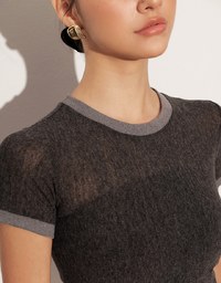 Contrast Trim Semi Sheer Knit Cropped Short Sleeve Tee