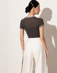 Contrast Trim Semi Sheer Knit Cropped Short Sleeve Tee